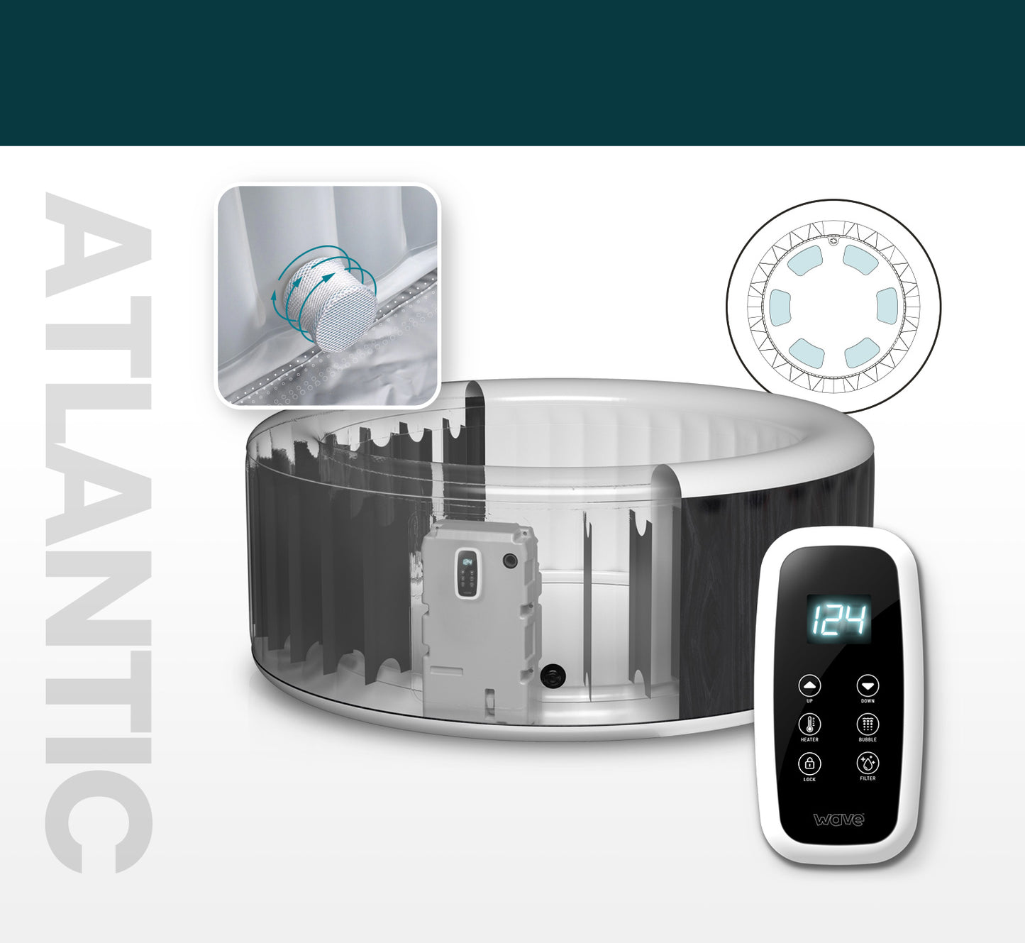 Atlantic inflatable spa heater system and controller unit.