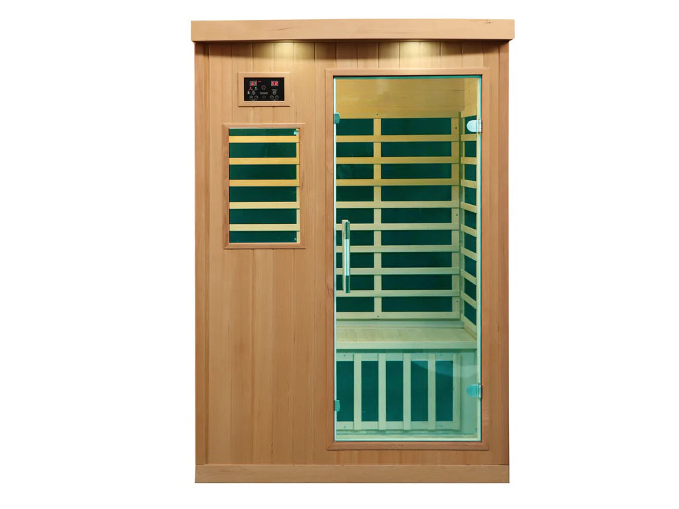 Canadian Spa Company Tremblant 2 Person Indoor Infrared Sauna showing green LED lighting.