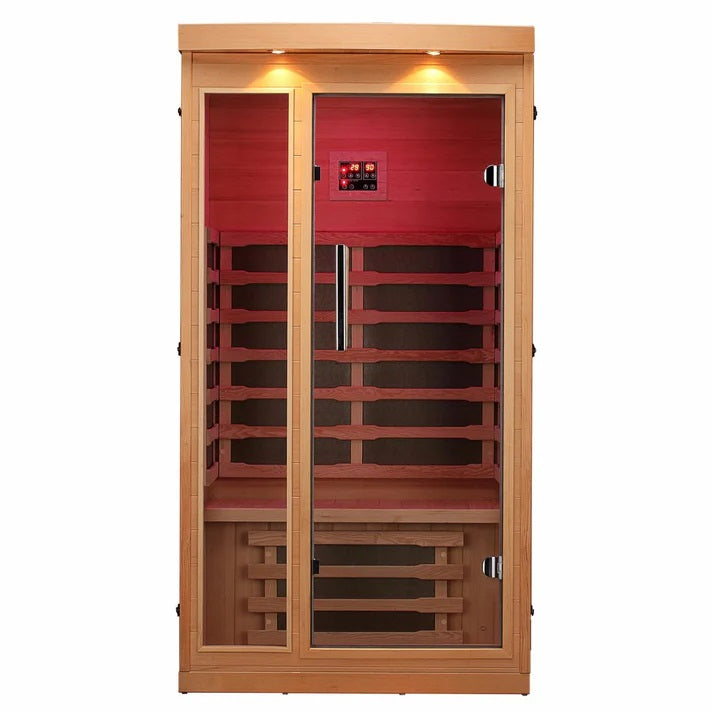 Chilliwack sauna with red LED lighting on inside.