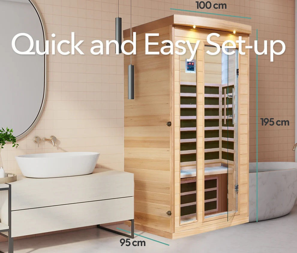 Chilliwack infrared sauna by Canadian Spa Company showing sauna in an indoor bathroom setting.
