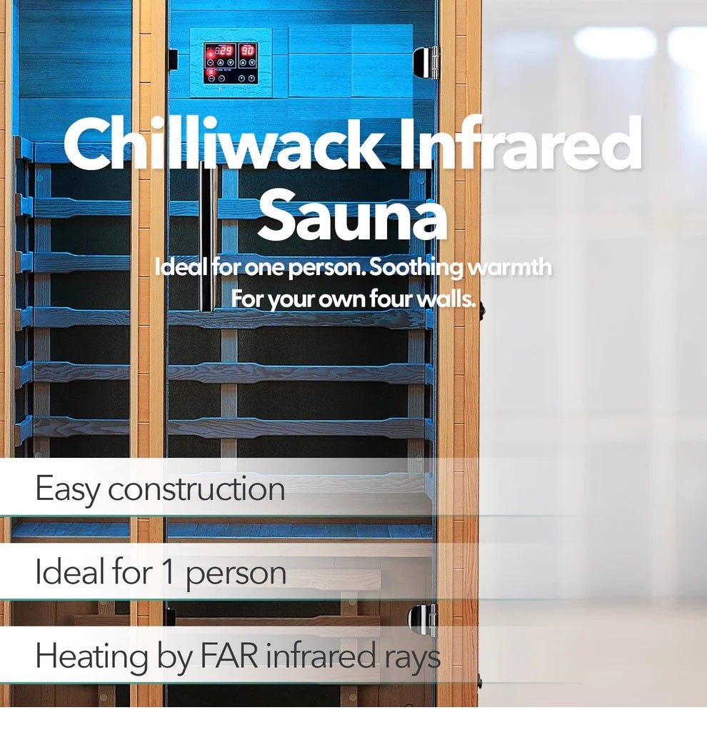 'Chilliwack' infrared sauna showing blue LED lights.
