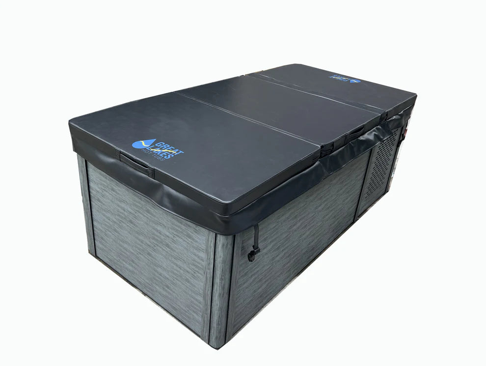 Great Lakes Cold Water Therapy Chill Tub in Slate Grey with black Great Lakes lid cover on.
