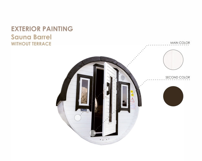 Image showing exterior painting options for 1.9 x 1.63m sauna barrel by Viking Industrier.