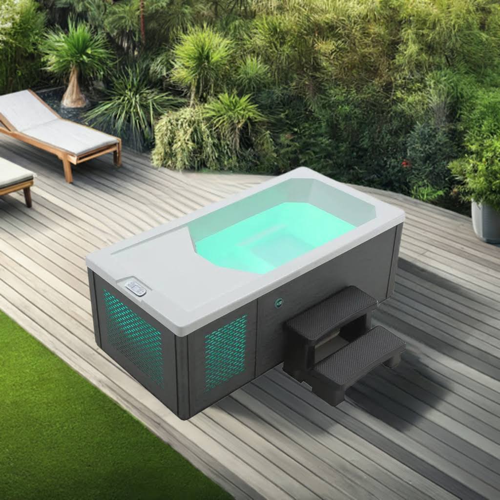 Great Lakes Chill Tub in Slate Grey on garden decking.