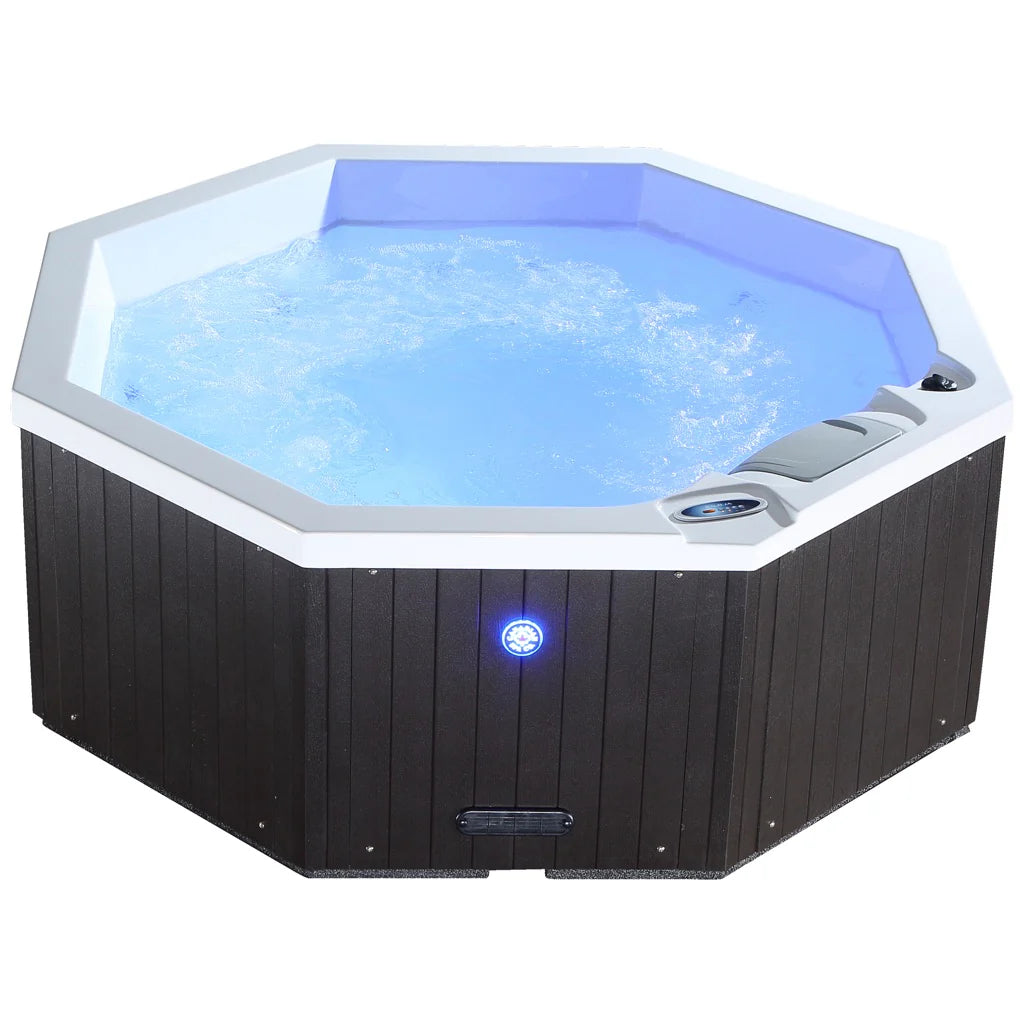 Muskoka 14-Jet 4-Person Spa purple LED lights.