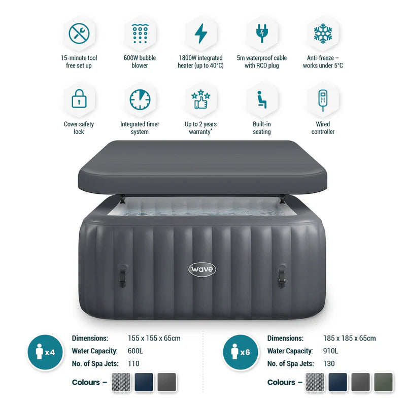 Wave Spas Pacific Inflatable Hot Tub in dark grey showing cover and dimensions and specification.