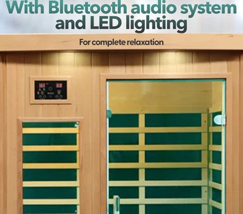 Canadian Spa Company Tremblant 2 Person Indoor Infrared Sauna showing bluetooth and LED capability.