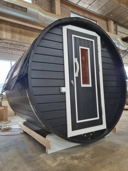 Black and white painted 1.9 x 1.63 Viking Industrier Sauna Barrell