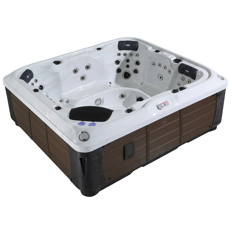 Canadian Spa Alberta hot tub empty showing seating arrangement and jet outlets with brown outer wall colour. 