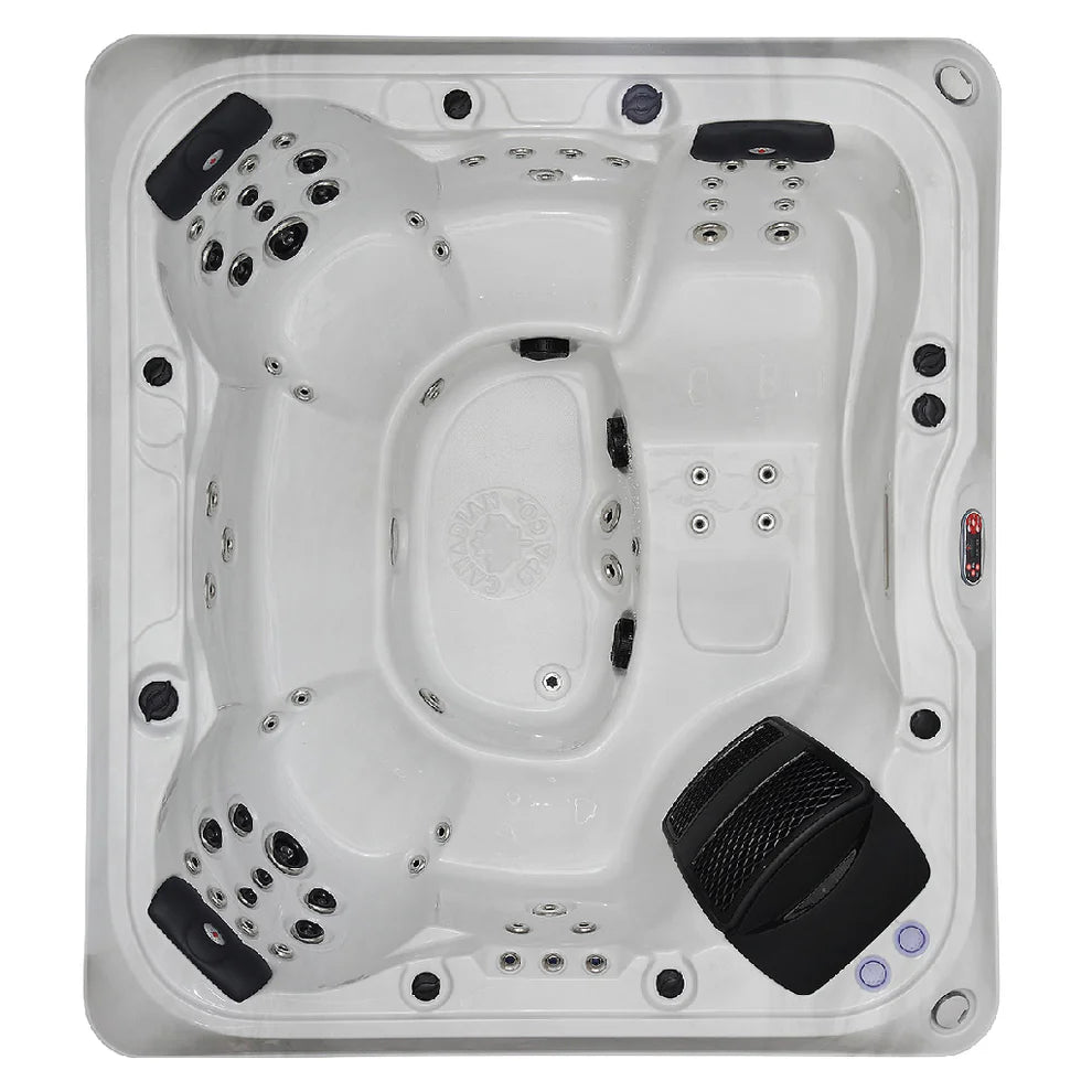 Alberta57-Jet6-PersonSpa birds eye view image showing jets and moulded seating inside hot tub. 