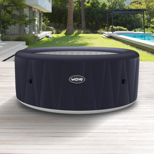 Navy coloured Atlantic inflatable spa with Wave logo in middle.