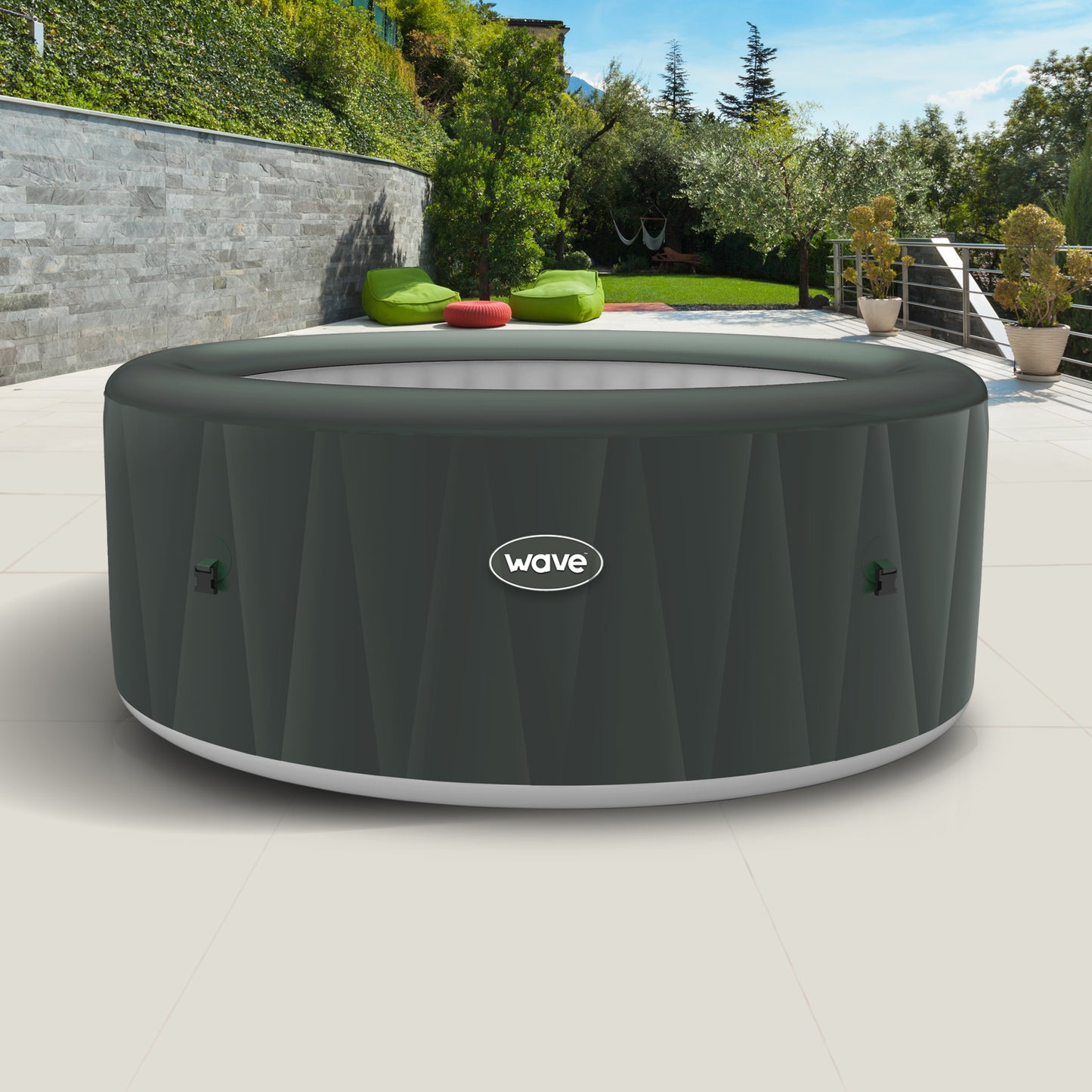 Sage coloured Atlantic inflatable spa in sunny garden environment. 