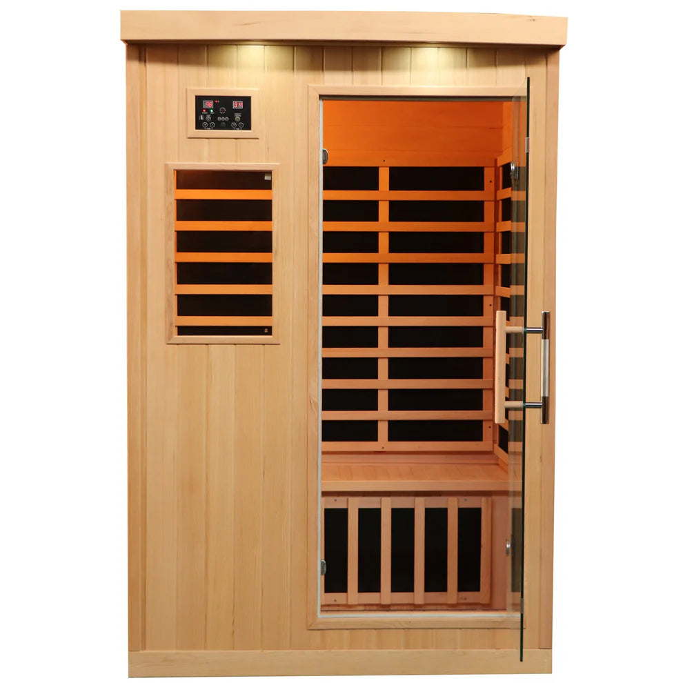 Canadian Spa Company Tremblant 2 Person Indoor Infrared Sauna showing orange LED lighting. 