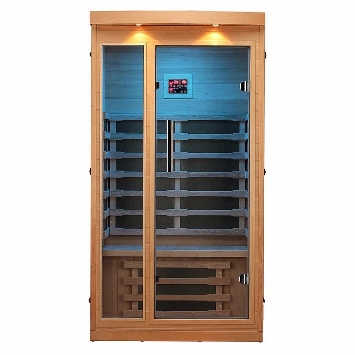 Chilliwack sauna with blue LED lighting inside the sauna. 