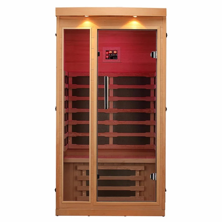 Chilliwack sauna with red LED lighting on inside. 