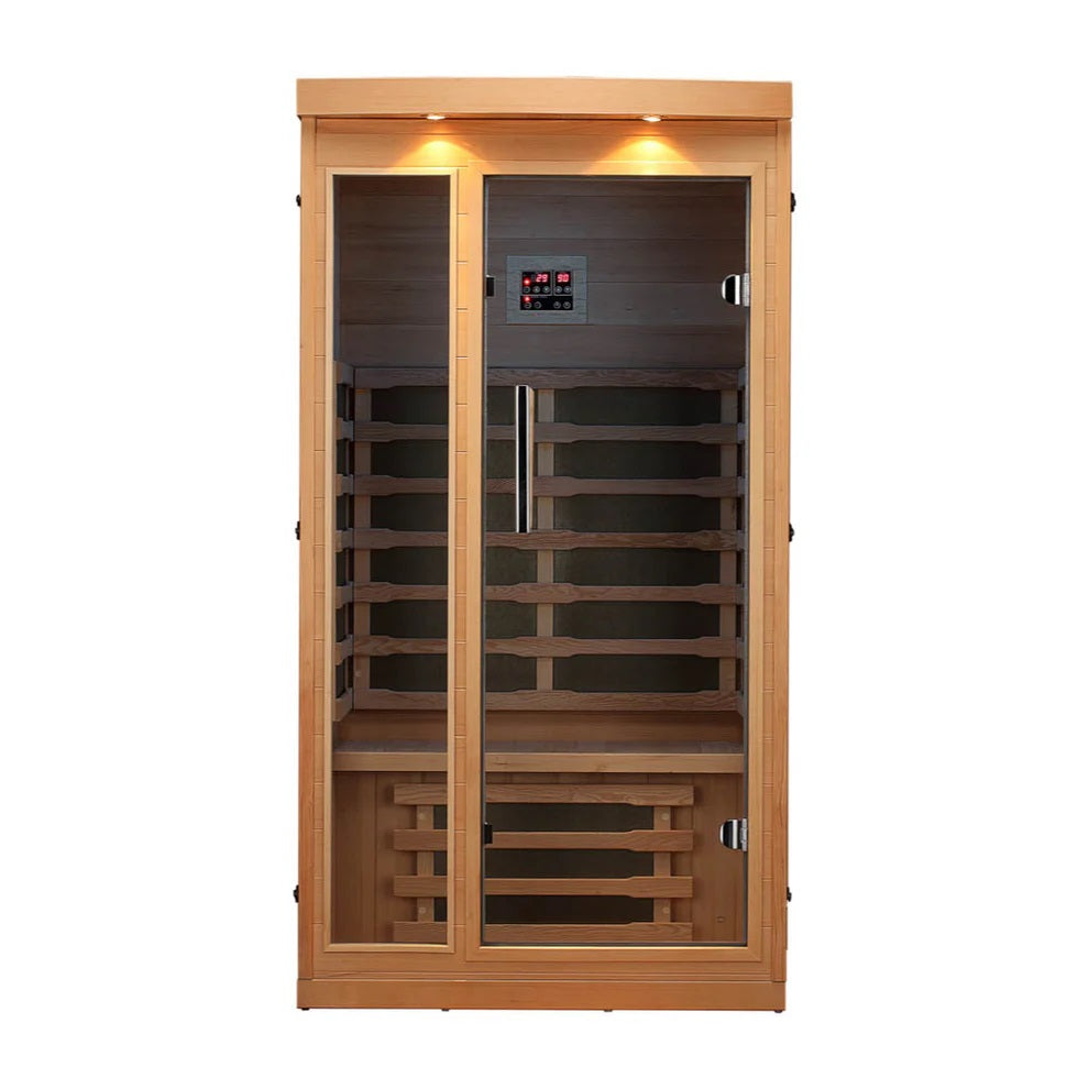 Chilliwack indoor sauna with tempered glass and control panel showing inside.