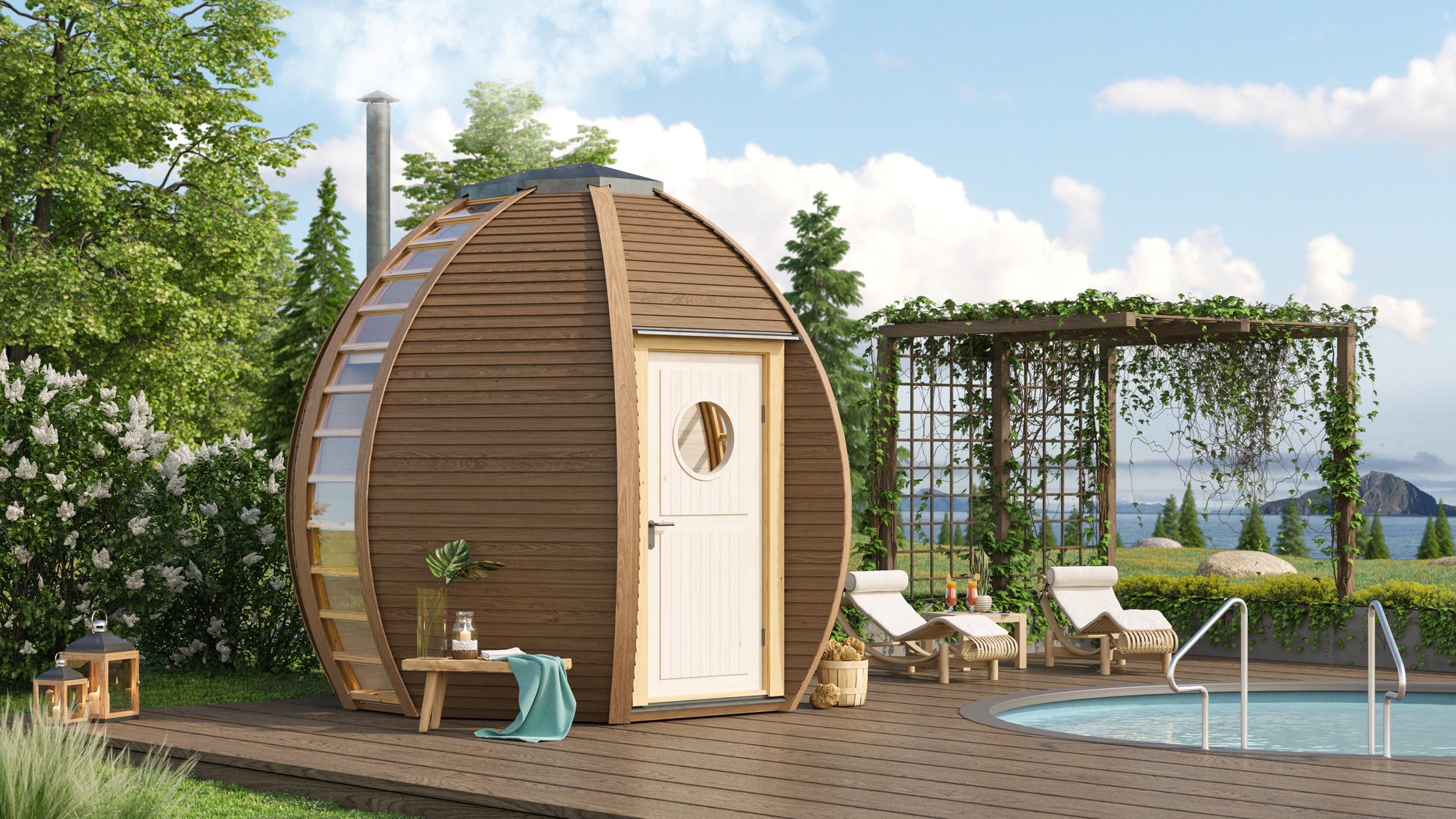 Elegant Sauna by Huuden set in sunny garden decking area next to swimming pool. 