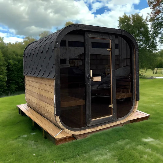 Sunny_Hot_Tubs_Cube_Sauna in garden setting. 