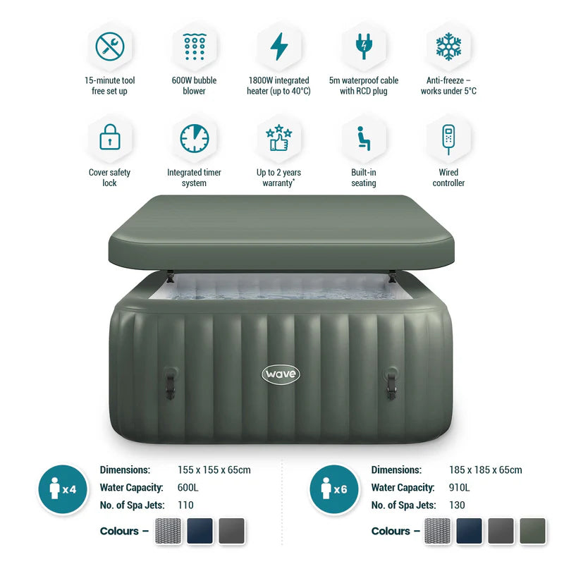 Wave Pacific 6 Person Inflatable Spa in Sage Green Colour with dimensions