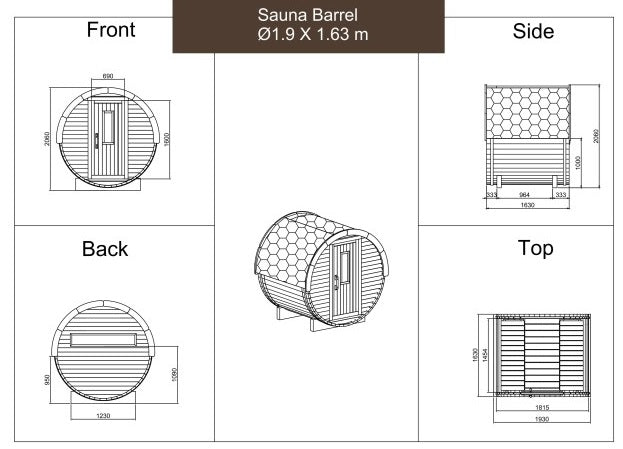 1.9 x 1.63 m Barrel Sauna (SS191630)