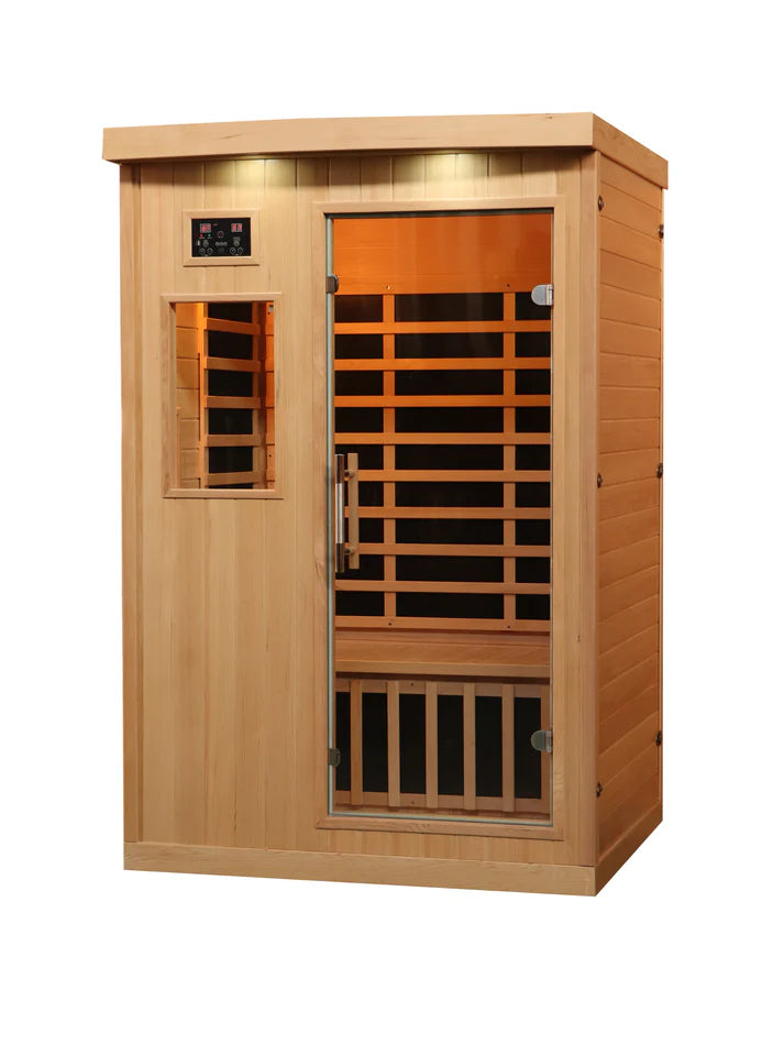 Canadian Spa Company Tremblant 2 Person Indoor Infrared Sauna showing orange LED lighting with glass door closed. 