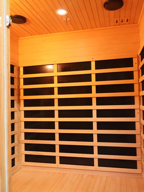 Canadian Spa Company Tremblant 2 Person Indoor Infrared Sauna showing interior infrared panels. 